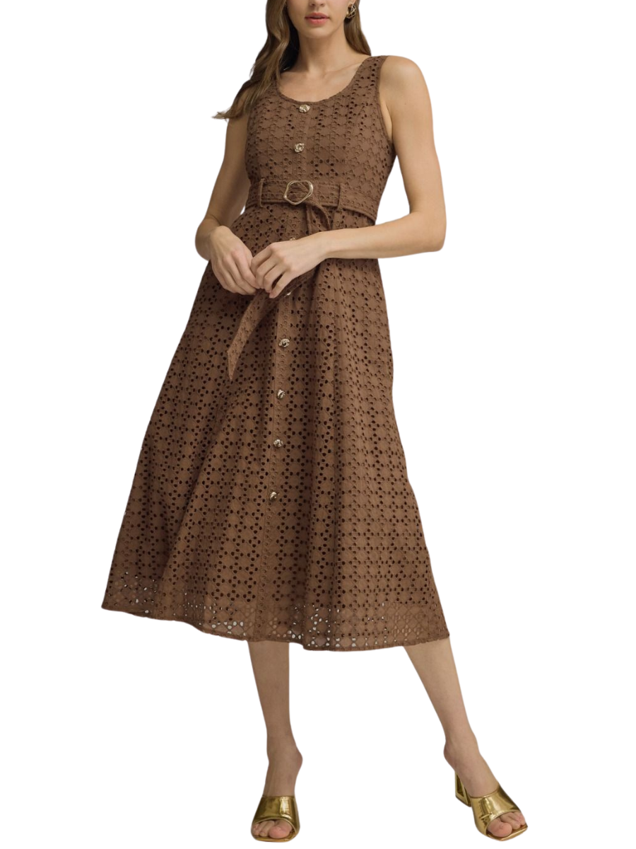 Women's Brown Eyelet Cotton Midi Dress