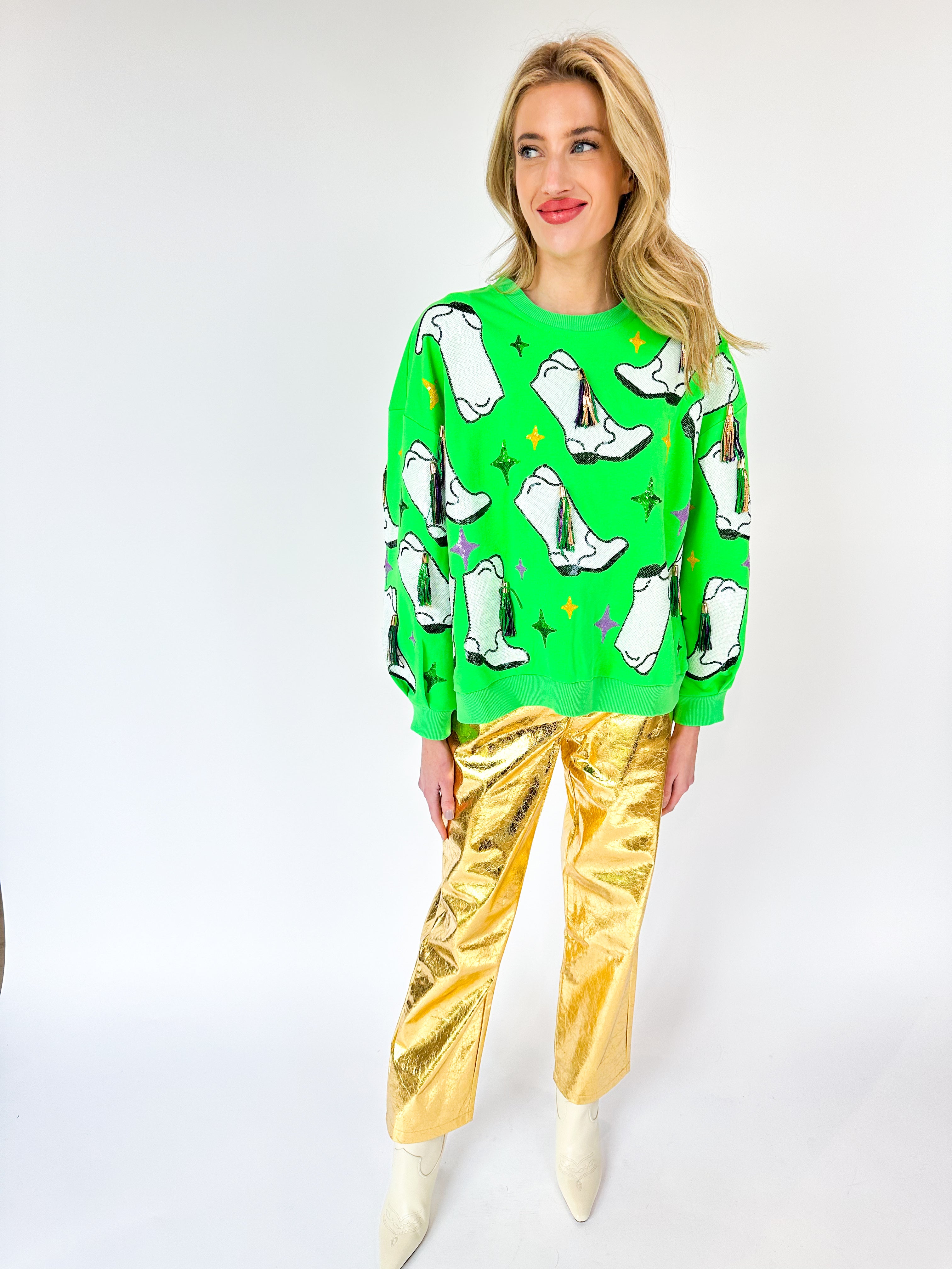 Neon Green Mardi Gras Fringe Boot Sweatshirt - Material Girls