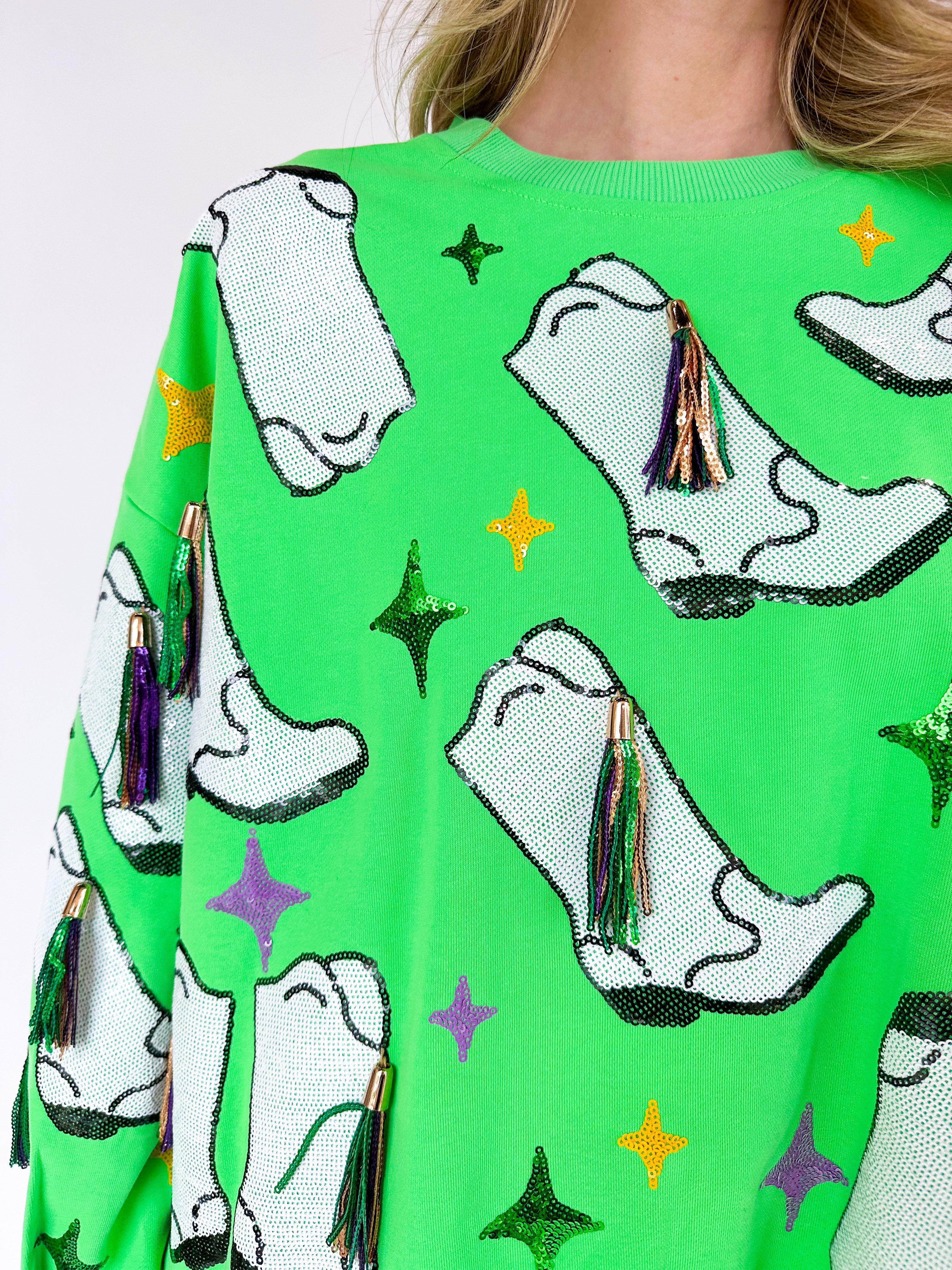 Neon Green Mardi Gras Fringe Boot Sweatshirt- Women's Adult Medium