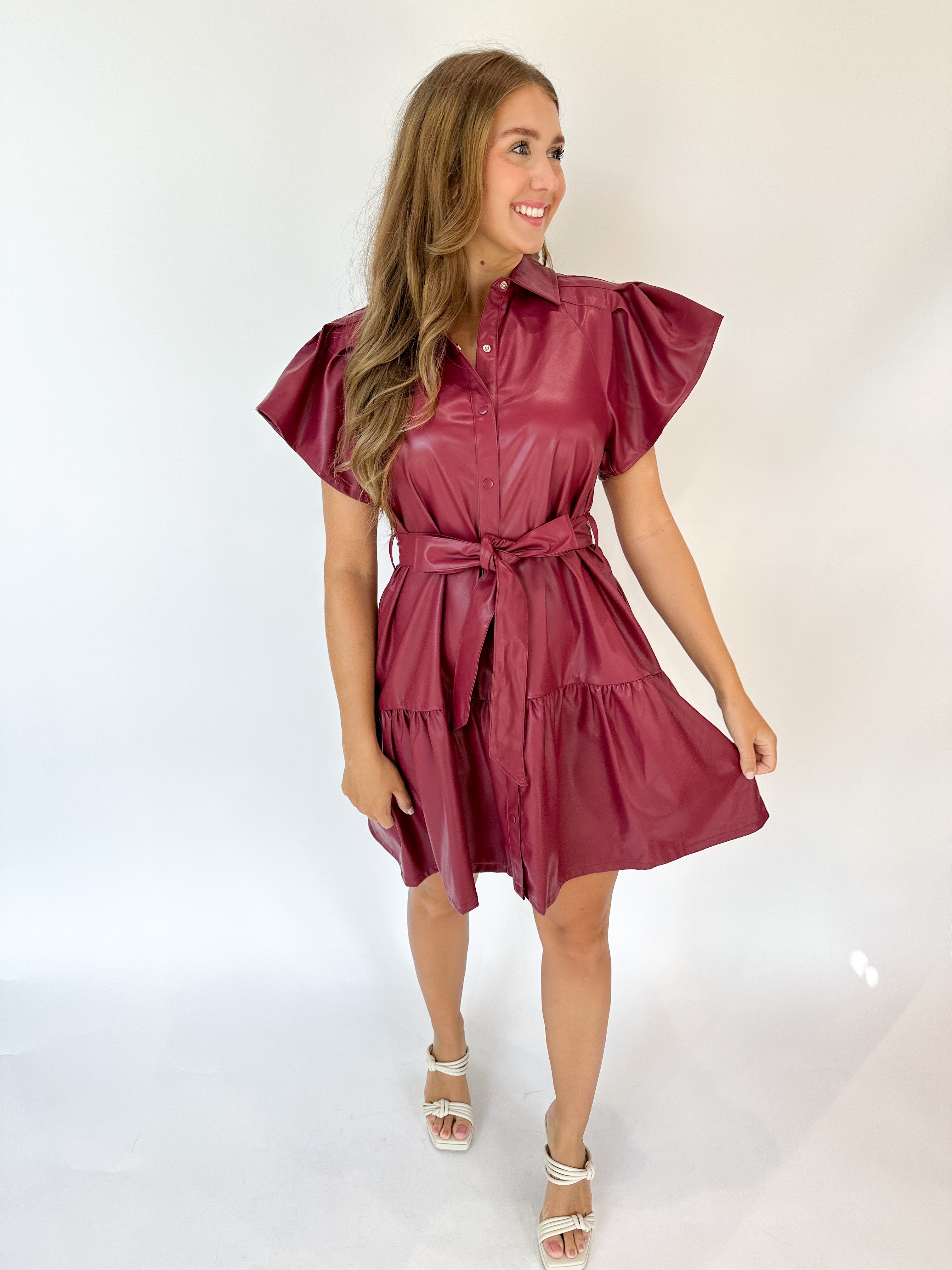  TOSHIKII Leather Ruffle Hem Swing PU Dress for Women Fashion  Short Sleeve Round Neck Faux Leather Dresses for Causual Party : Clothing,  Shoes & Jewelry